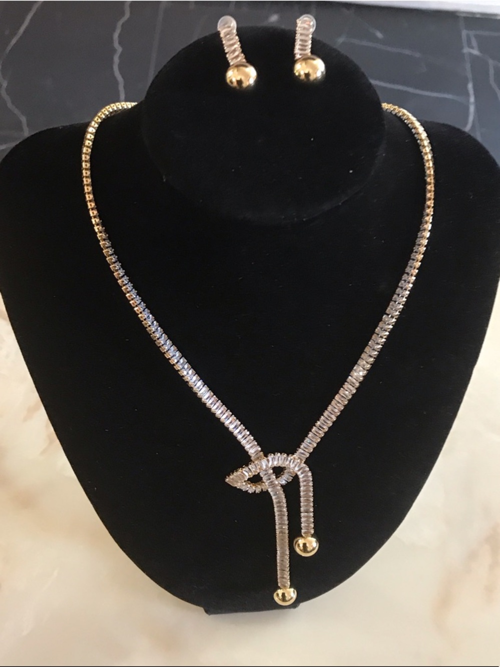 Gold and Silver Lariat Necklace with Gold Ball Earrings